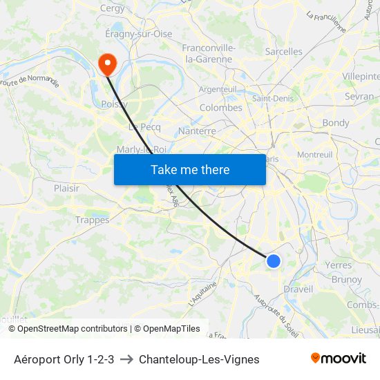 Aéroport Orly 1-2-3 to Chanteloup-Les-Vignes map