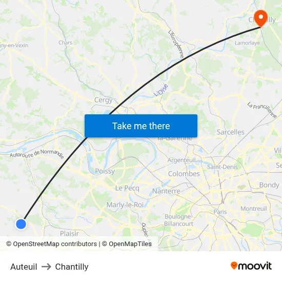 Auteuil to Chantilly map
