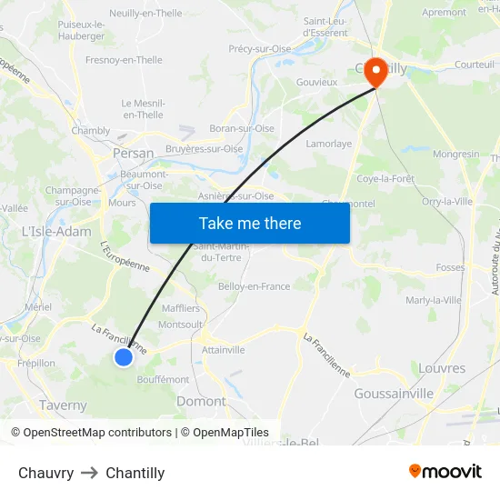 Chauvry to Chantilly map