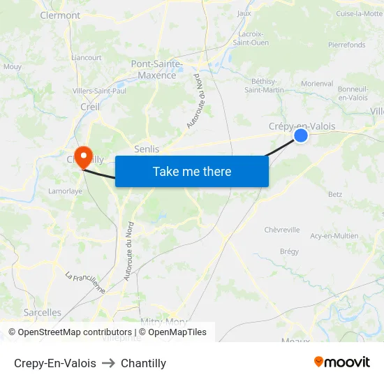 Crepy-En-Valois to Chantilly map