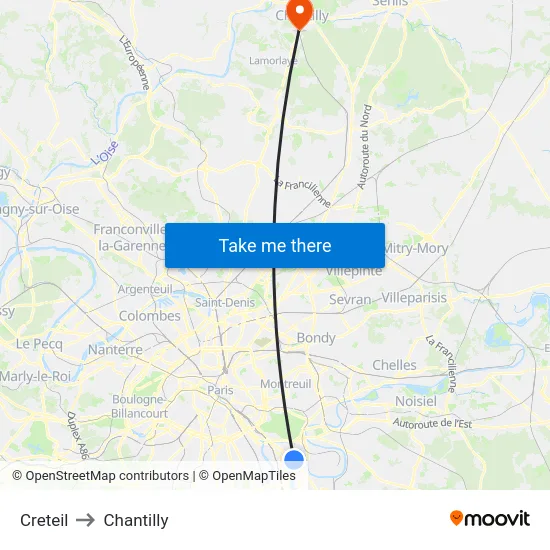 Creteil to Chantilly map