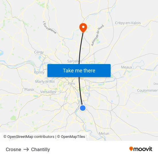 Crosne to Chantilly map