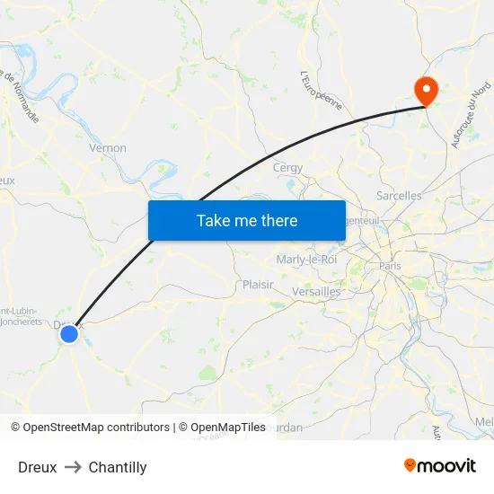 Dreux to Chantilly map