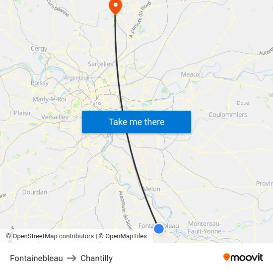 Fontainebleau to Chantilly map