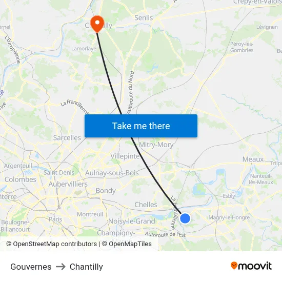 Gouvernes to Chantilly map