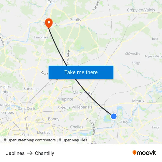Jablines to Chantilly map