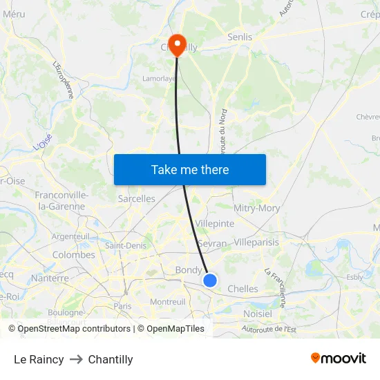Le Raincy to Chantilly map