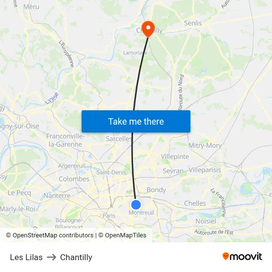 Les Lilas to Chantilly map
