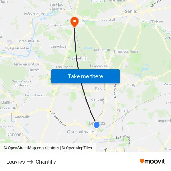 Louvres to Chantilly map