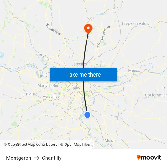 Montgeron to Chantilly map