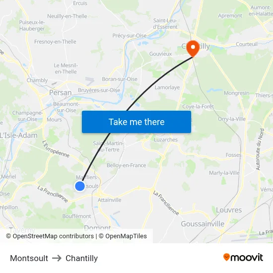 Montsoult to Chantilly map