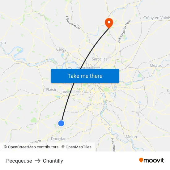 Pecqueuse to Chantilly map