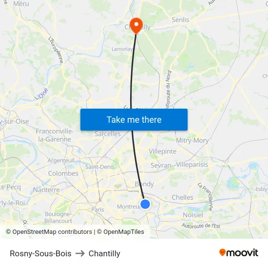 Rosny-Sous-Bois to Chantilly map