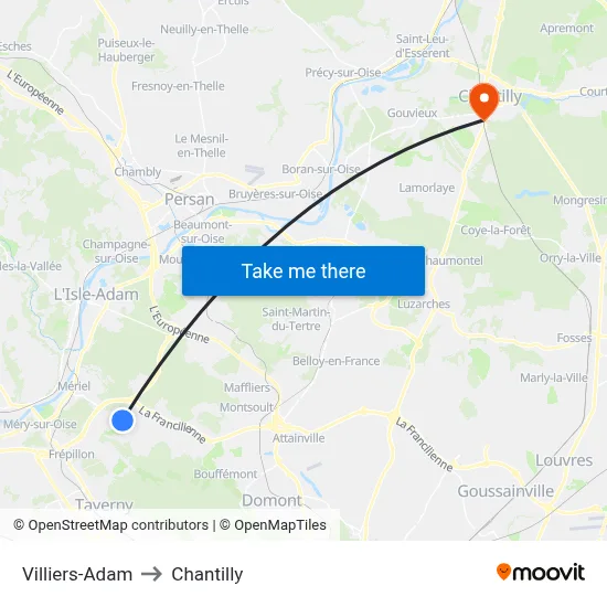 Villiers-Adam to Chantilly map