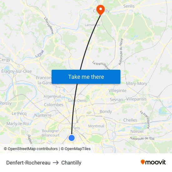 Denfert-Rochereau to Chantilly map