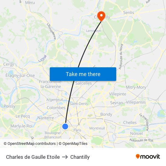 Charles de Gaulle Etoile to Chantilly map