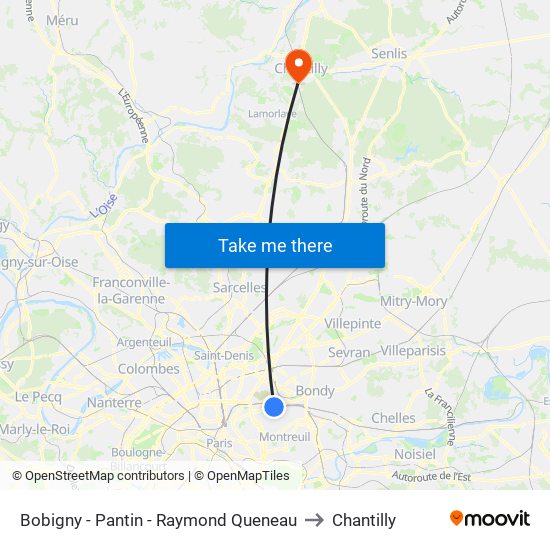 Bobigny - Pantin - Raymond Queneau to Chantilly map