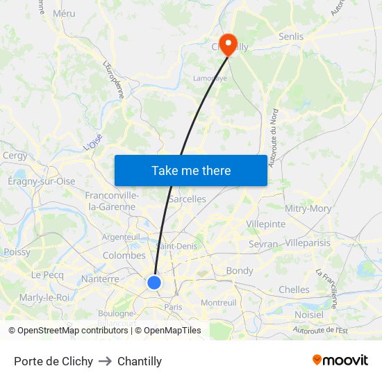 Porte de Clichy to Chantilly map