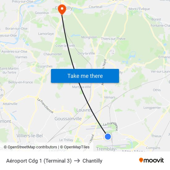 Aéroport Cdg 1 (Terminal 3) to Chantilly map