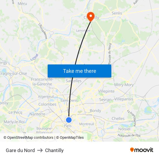 Gare du Nord to Chantilly map