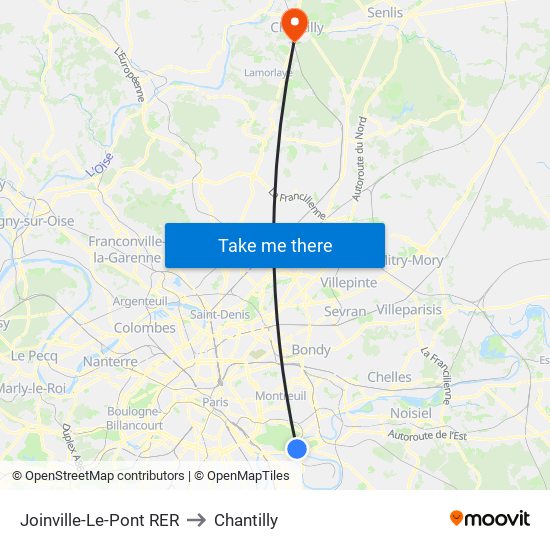 Joinville-Le-Pont RER to Chantilly map