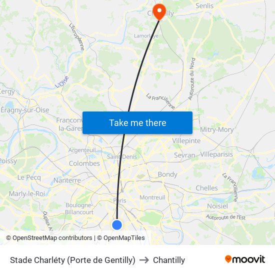 Stade Charléty (Porte de Gentilly) to Chantilly map