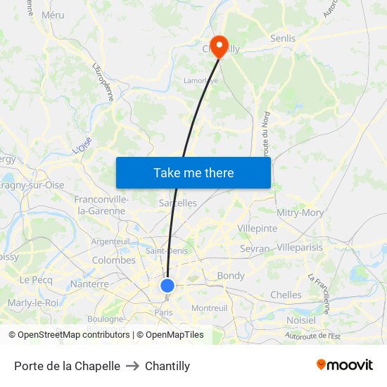 Porte de la Chapelle to Chantilly map