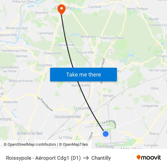 Roissypole - Aéroport Cdg1 (D1) to Chantilly map