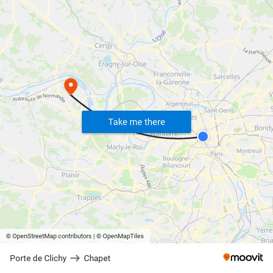Porte de Clichy to Chapet map