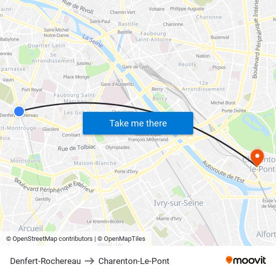 Denfert-Rochereau to Charenton-Le-Pont map