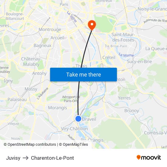 Juvisy to Charenton-Le-Pont map