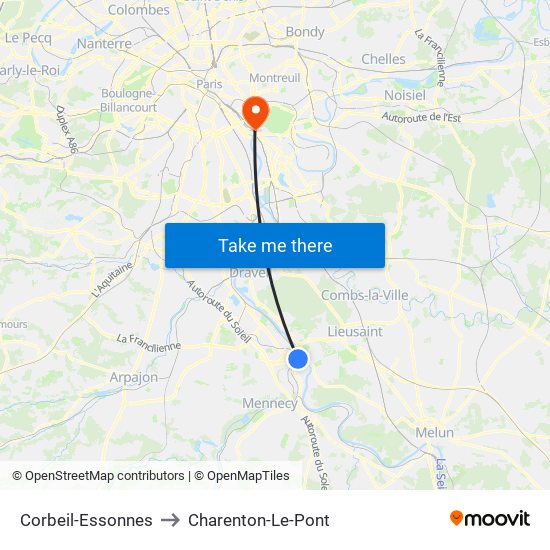 Corbeil-Essonnes to Charenton-Le-Pont map