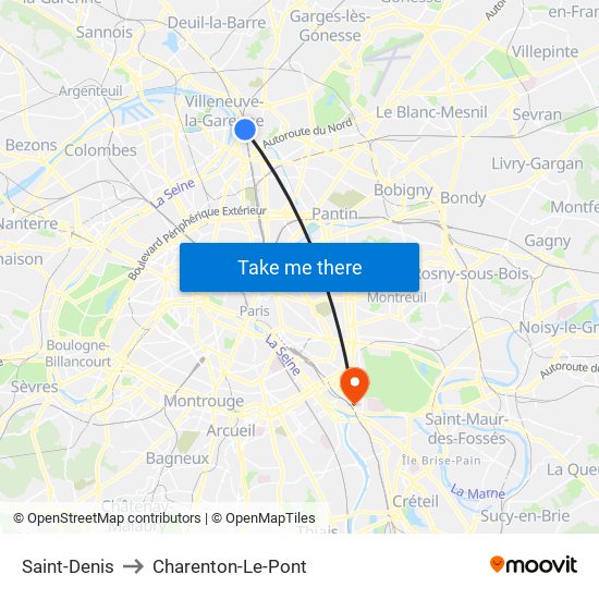 Saint-Denis to Charenton-Le-Pont map