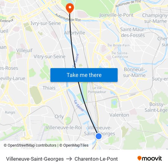 Villeneuve-Saint-Georges to Charenton-Le-Pont map