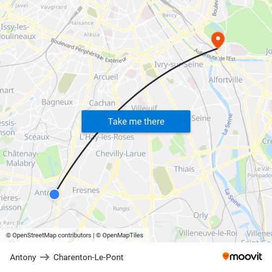 Antony to Charenton-Le-Pont map