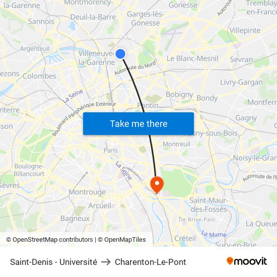 Saint-Denis - Université to Charenton-Le-Pont map