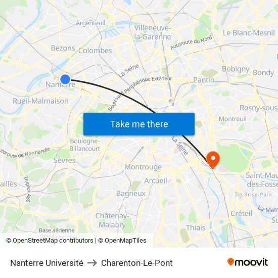 Nanterre Université to Charenton-Le-Pont map