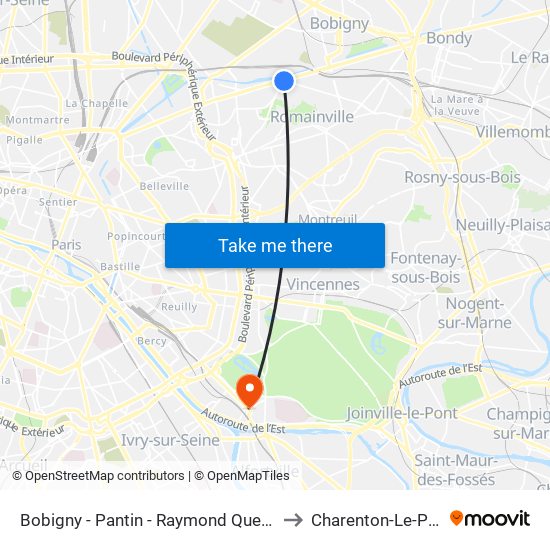 Bobigny - Pantin - Raymond Queneau to Charenton-Le-Pont map
