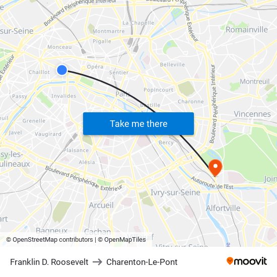Franklin D. Roosevelt to Charenton-Le-Pont map