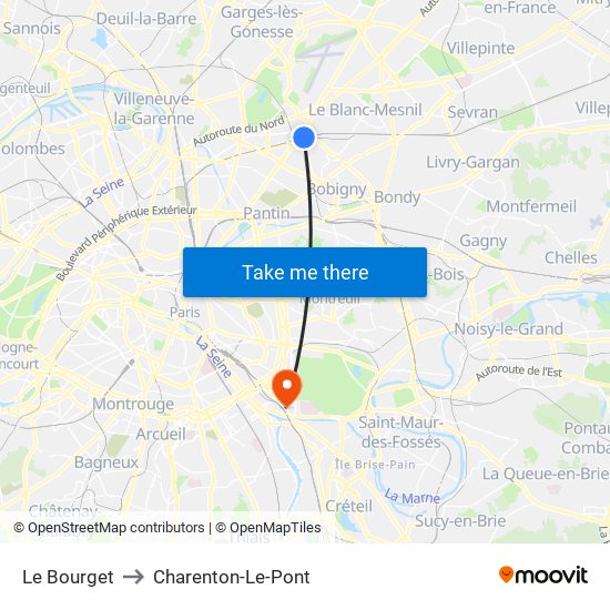Le Bourget to Charenton-Le-Pont map