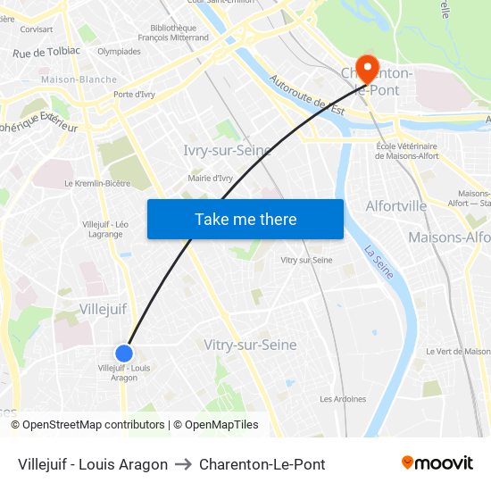 Villejuif - Louis Aragon to Charenton-Le-Pont map