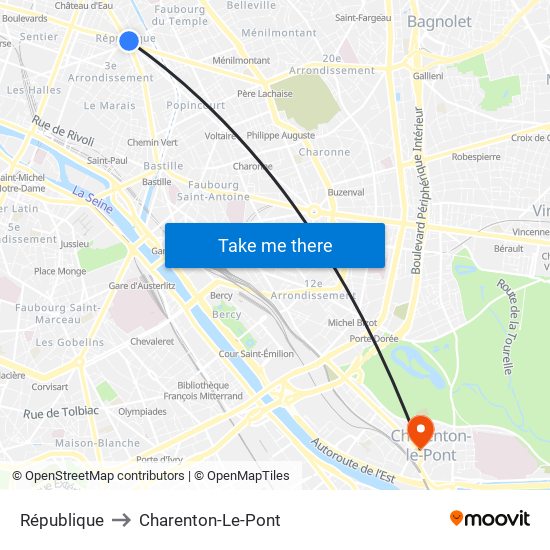 République to Charenton-Le-Pont map