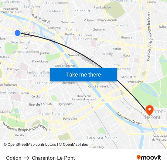 Odéon to Charenton-Le-Pont map