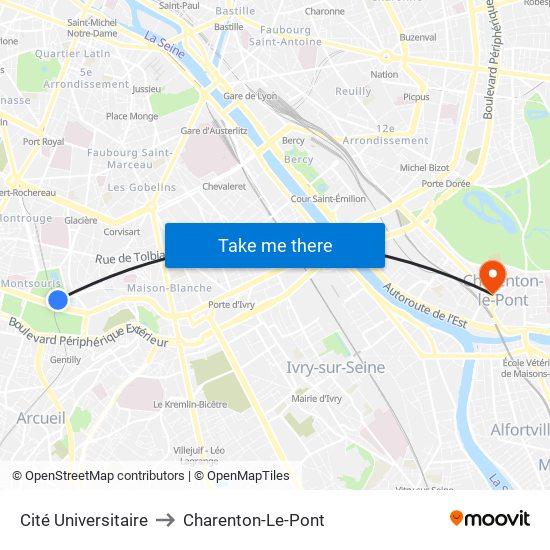 Cité Universitaire to Charenton-Le-Pont map