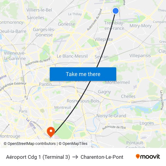 Aéroport Cdg 1 (Terminal 3) to Charenton-Le-Pont map