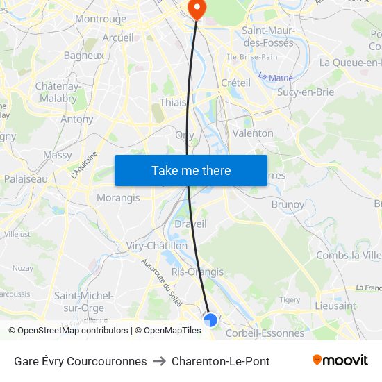Gare Évry Courcouronnes to Charenton-Le-Pont map