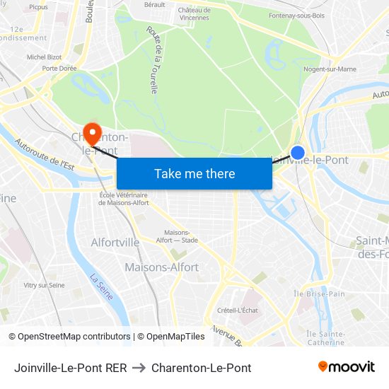 Joinville-Le-Pont RER to Charenton-Le-Pont map