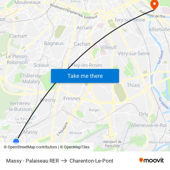 Massy - Palaiseau RER to Charenton-Le-Pont map