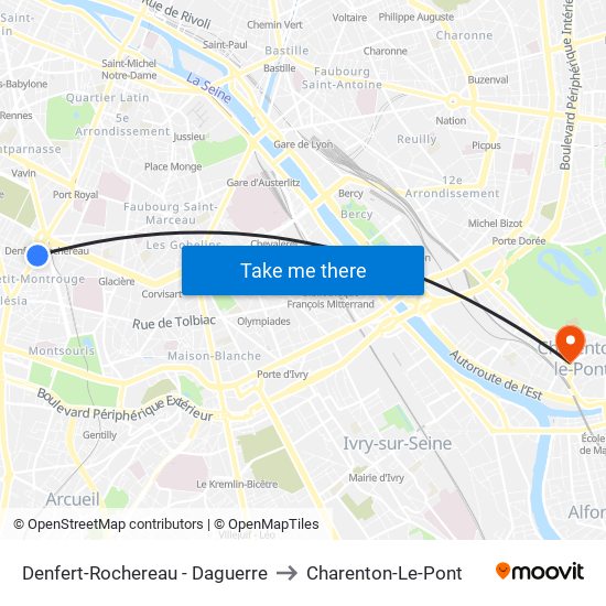 Denfert-Rochereau - Daguerre to Charenton-Le-Pont map