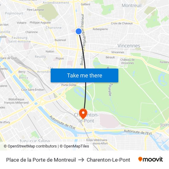 Place de la Porte de Montreuil to Charenton-Le-Pont map